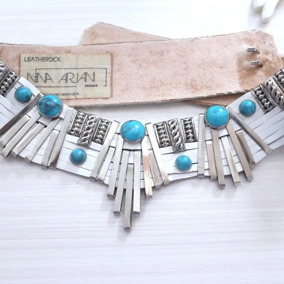 VINTAGE Nina Arjani western inspired turquoise/silver decor leather belt - Picture 2 of 5
